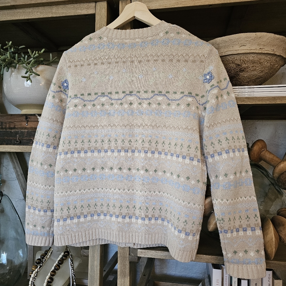 Vintage 90's Cottagecore Granny Cardigan Tan Sage Blue Crochet Floral Embroidery - Picture 2 of 9